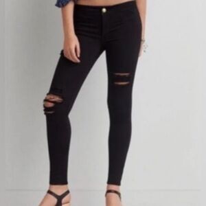 American Eagle Super Super Stretch Extreme Legging Distressed Black Ripped Sz 10